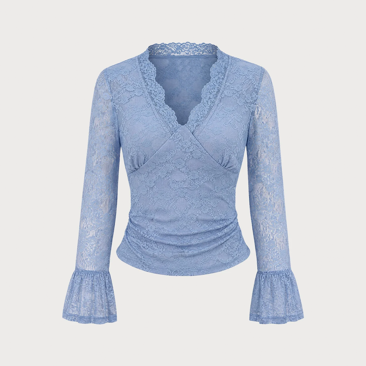 V‑Neck Floral Lace Bell Long Sleeve Slim Fit Top