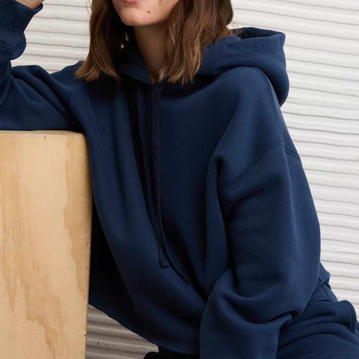 Blue Cut‑Off Hem Drawstring Hooded Fleece Sweatshirt